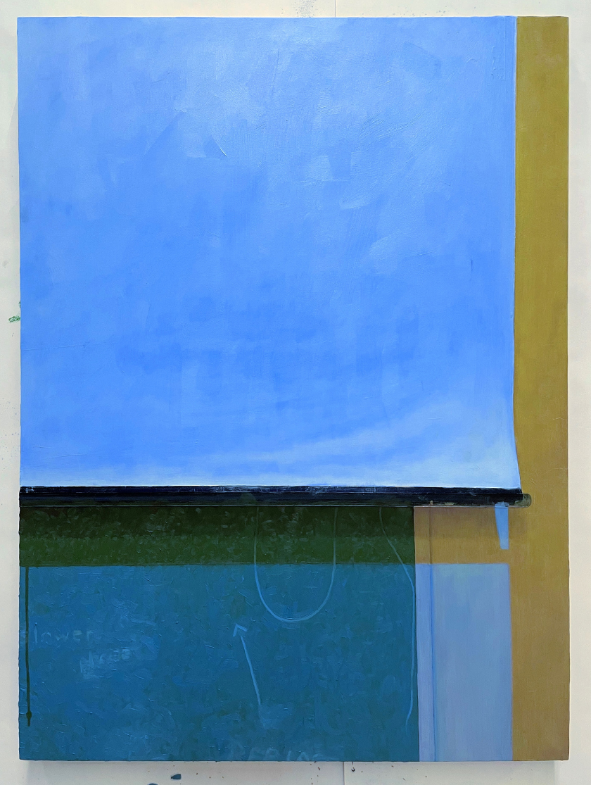 Abstract painting with blue, green, and gold rectangular shapes and horizontal lines.