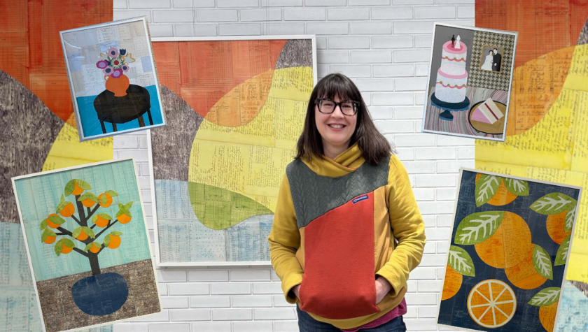 Woman stands in front of abstract wall art, surrounded by four colorful designs.