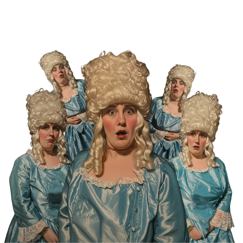 Five women in blue dresses and white wigs showing various surprised expressions.