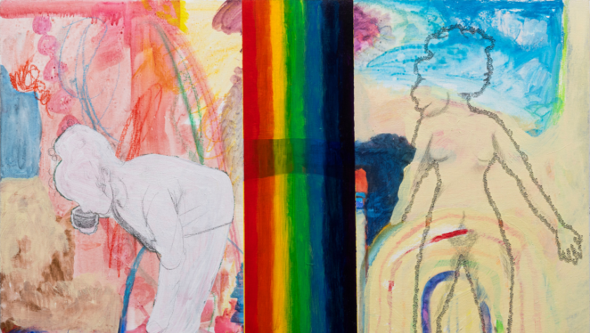 Two abstract human figures with a vertical rainbow stripe dividing the colorful background.