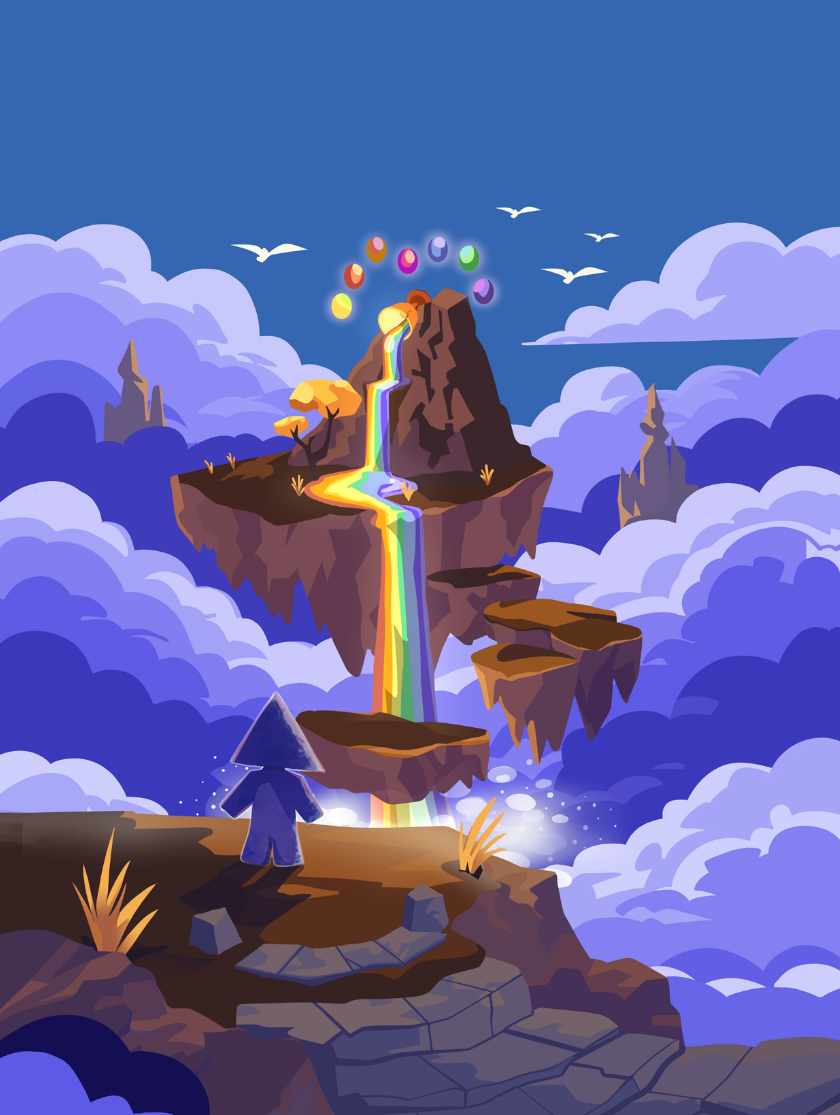 A floating island with a rainbow waterfall, glowing orbs, and a path in a cloudy sky.