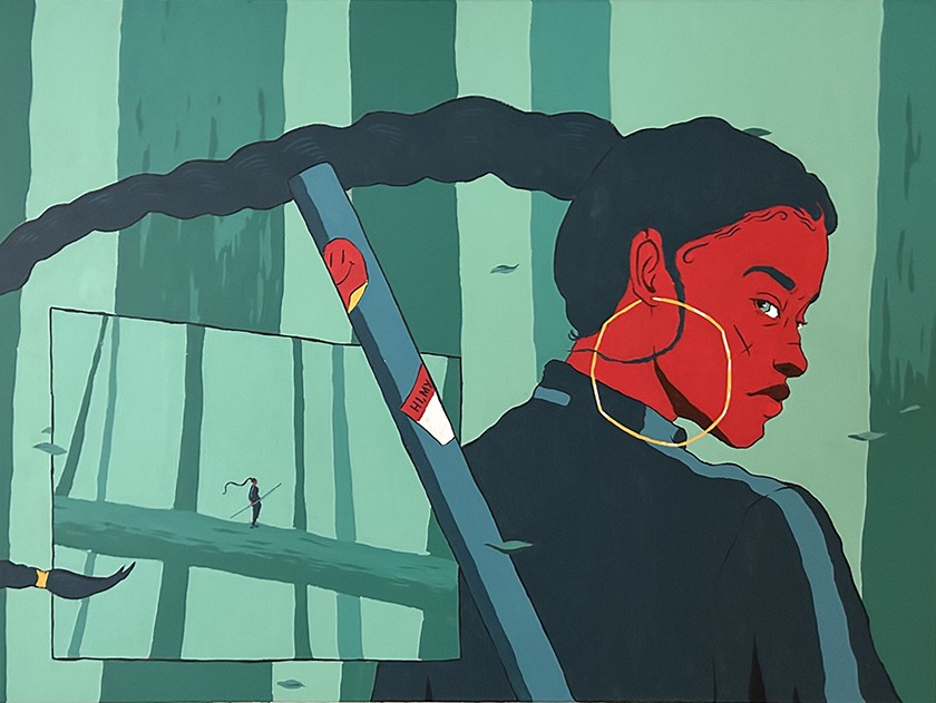 A stylized illustration of a woman with dark skin and gold hoop earrings, looking over her shoulder. Her long braid is attached to a sword, and a comic-style panel shows a tiny figure holding the braid in a forest.