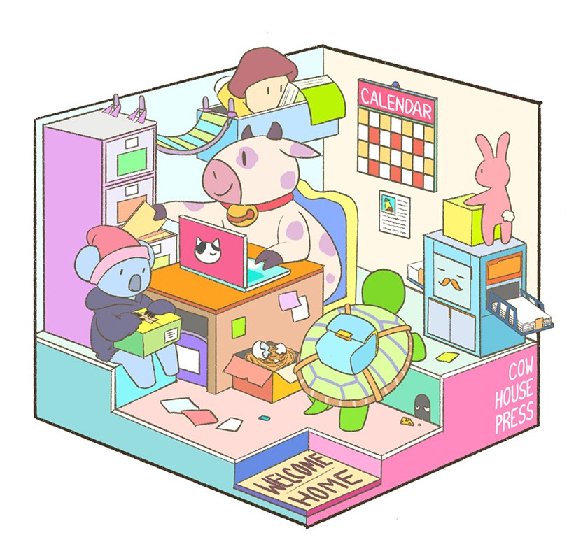 A colorful cartoon office with a cow at a desk, a turtle with a backpack, a cat under the desk, and a pink bunny on a filing cabinet. Papers, books, and a WELCOME HOME mat are scattered around. A wall calendar is visible.