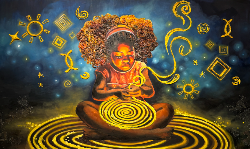 A child with glowing hair draws yellow spirals and symbols in a magical, starry scene.