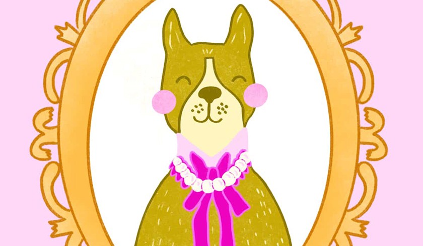 Illustration of a brown dog with pink cheeks, wearing a pink bow and pearl necklace, inside an ornate gold oval frame on a light pink background.