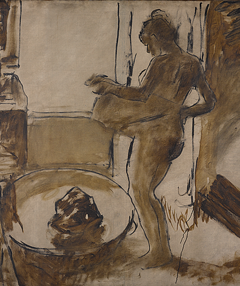 Sketch of a standing nude woman holding a towel near a round basin in a dimly lit room.
