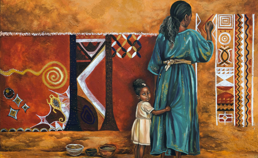 A Black woman paints art on a wall as a young girl holds onto the back of her dress.