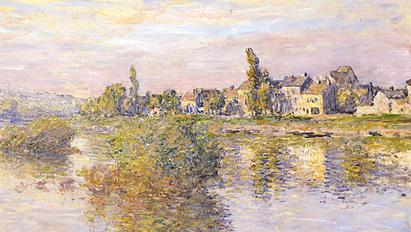 Impressionist painting of houses by a river at sunset, with trees and reflections in water.