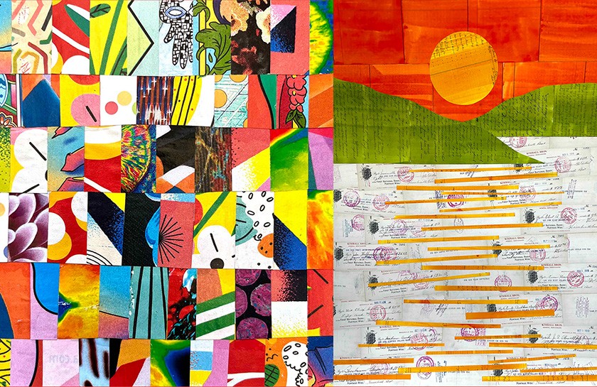 A vibrant collage split in two: the left side has abstract, colorful patterns and shapes; the right side depicts an orange sun over a striped, mixed-media landscape with text and stamps.