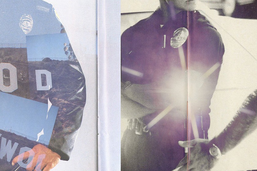 A double-exposed image of police officers in uniform, one on the left with visible text and scenery overlay, and another on the right with a bright light effect obscuring part of the figure.