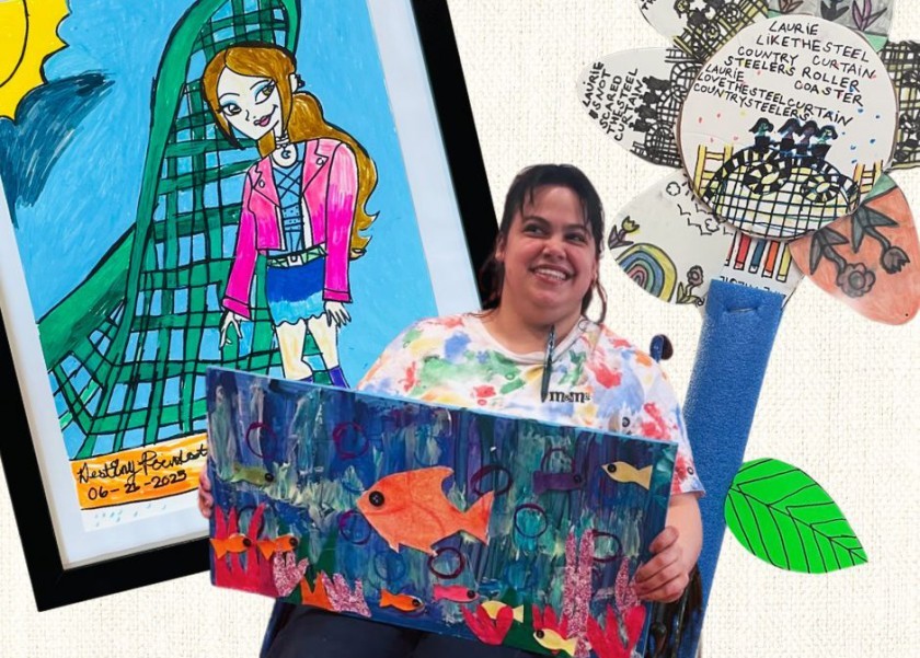 This is a collage image. A cut-out of a a smiling person holds a colorful underwater-themed painting with fish. Behind this person is a flower made out of paper and a drawing of someone in front of a roller coaster. The background is a cream colored and slightly textured.