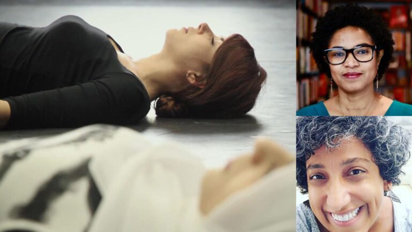 Three people are featured: one lying on the floor with eyes closed in the main image, and two others smiling in separate portrait photos on the right side of the image.