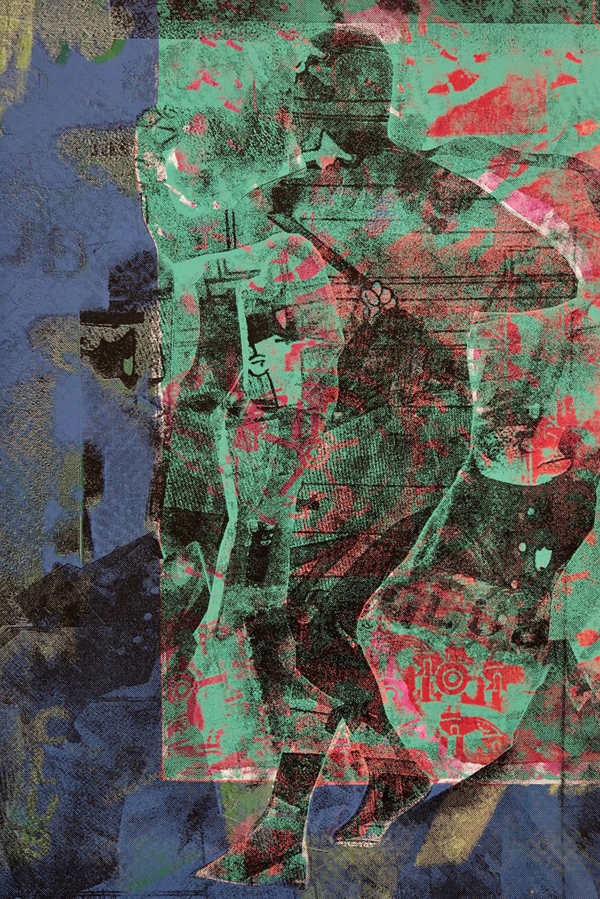 Abstract artwork featuring a black silhouette of a person in motion, layered over a textured background with green, red, and blue hues, and scattered geometric and tribal-like patterns.