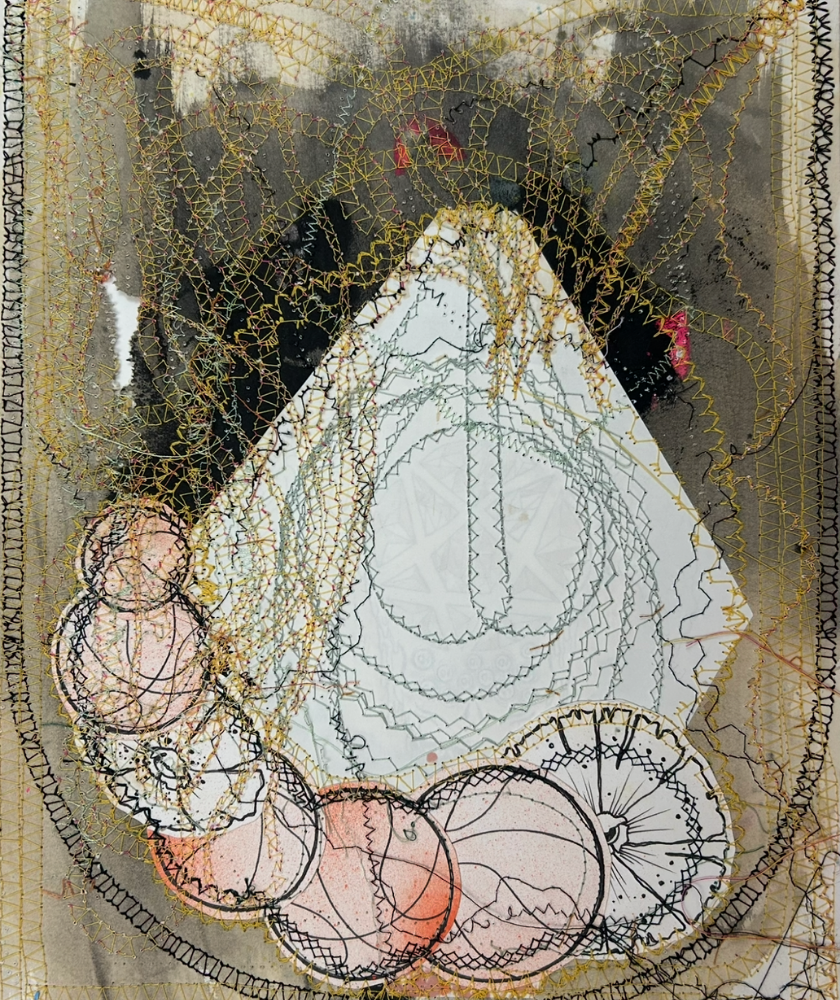 Abstract art with stitched circles, gold threads, and layered gray, black, and pink textured shapes.