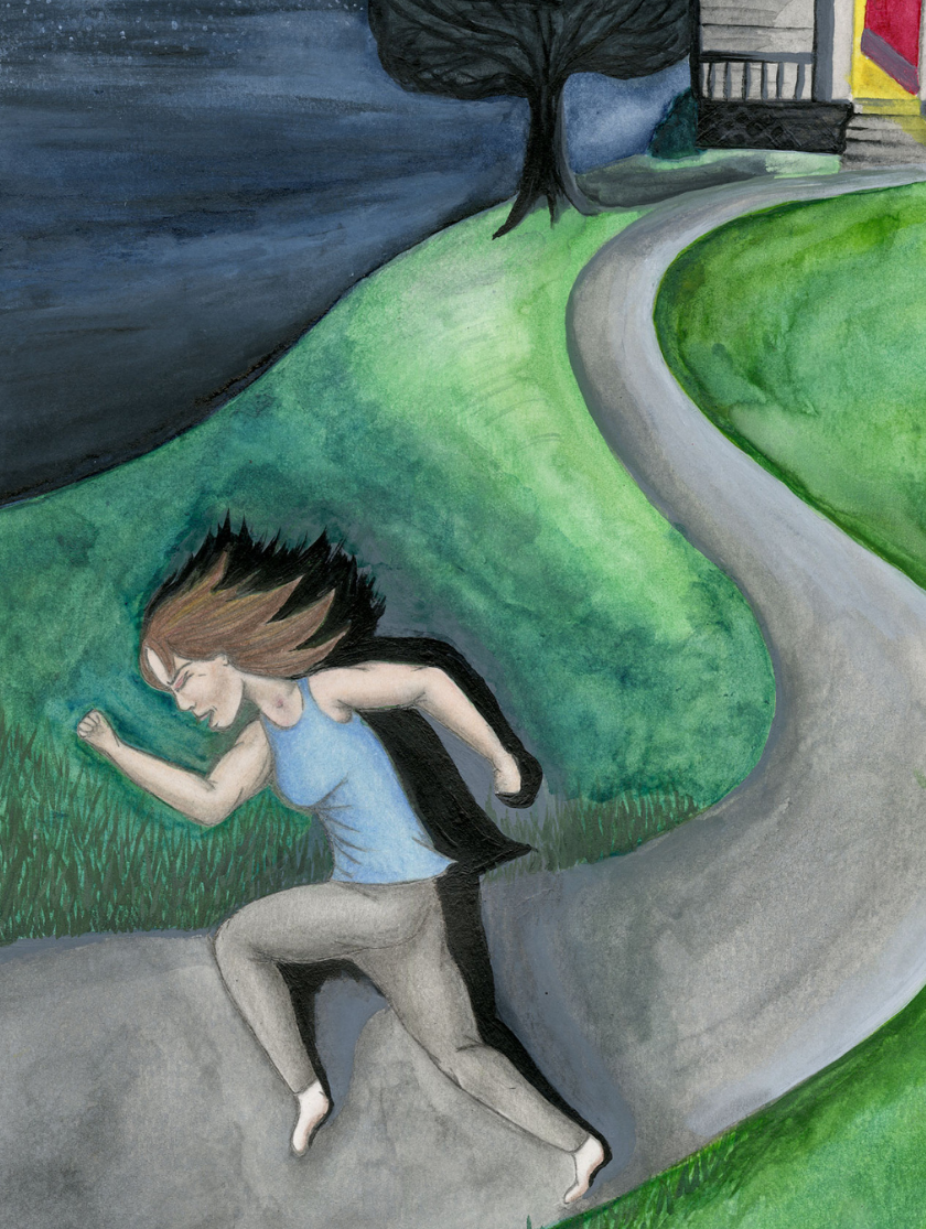 Artwork featuring a woman running barefoot on a curving path at night away from a house.