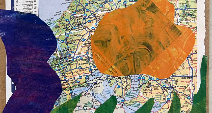 Collage of a U.S. road map with abstract orange, purple, and green paint overlaid