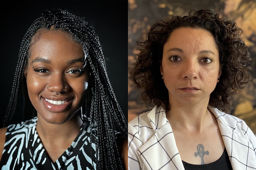 Two portraits of people. The person on the left has long black braids. The person on the right has shoulder-length curly hair