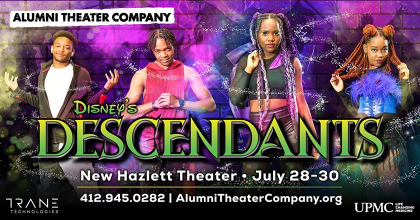 A flyer for Alumni Theater Company's production of Disney's "Descendants" featuring photos of four young Black actors