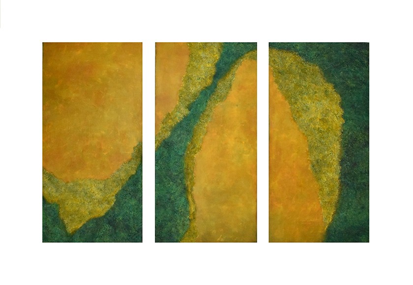 Abstract yellow and green artwork separated into three vertical panels