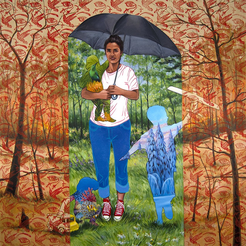 Visual artwork showing a woman holding an umbrella. Silhouettes of two children are shown with her. Under the umbrella is a bright green scene. Outside of the umbrella is a muted forest of baren trees