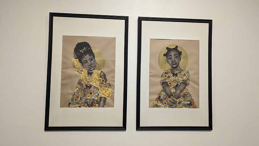 Two side-by-side framed mixed-media portraits of young Black women