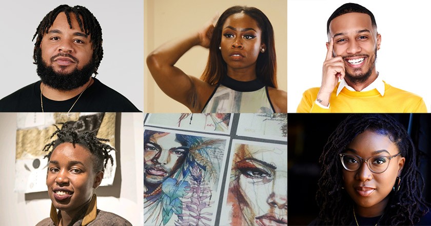 A collage of five Black artists and one visual art piece showing creative paintings of Black figures