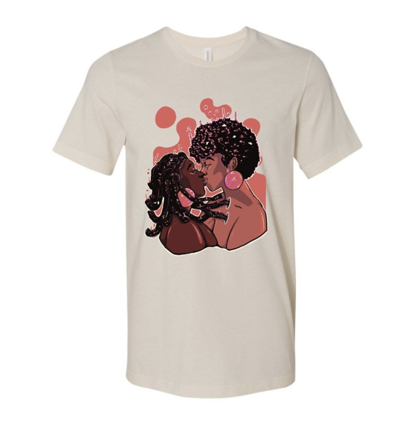 White T-shirt featuring illustration of two Black women kissing