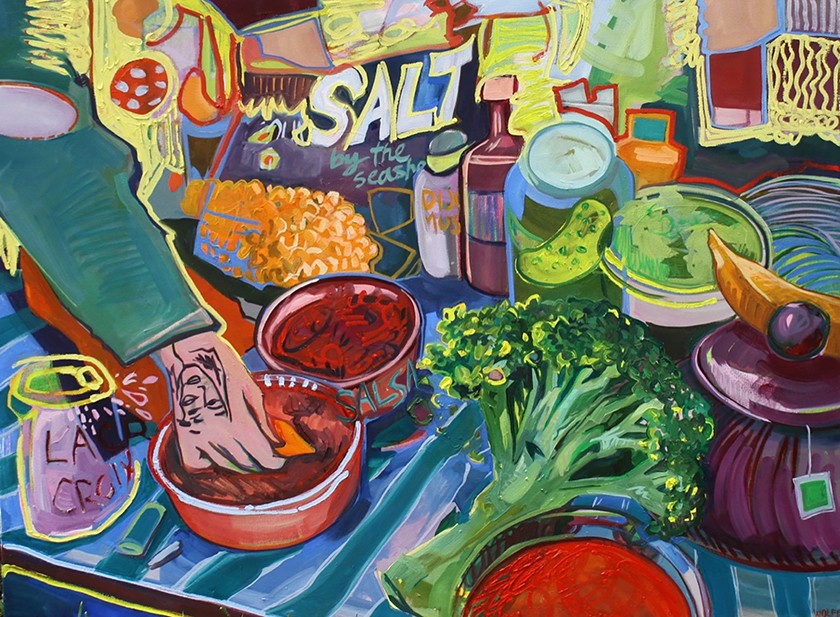 Illustration of a hand reaching down to dip a chip in salsa amid a table full of food