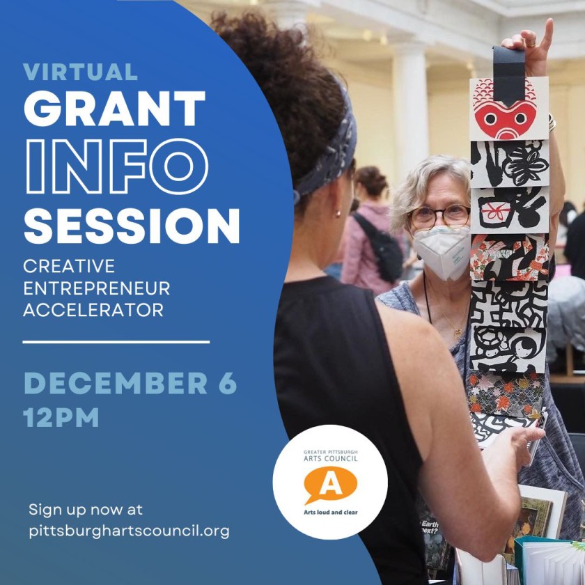 Virtual Grant Info Session. Creative Entrepreneur Accelerator. December 6. 12PM. Greater Pittsburgh Arts Council. Photo of artist displaying artistic printed product to customer inside book fair