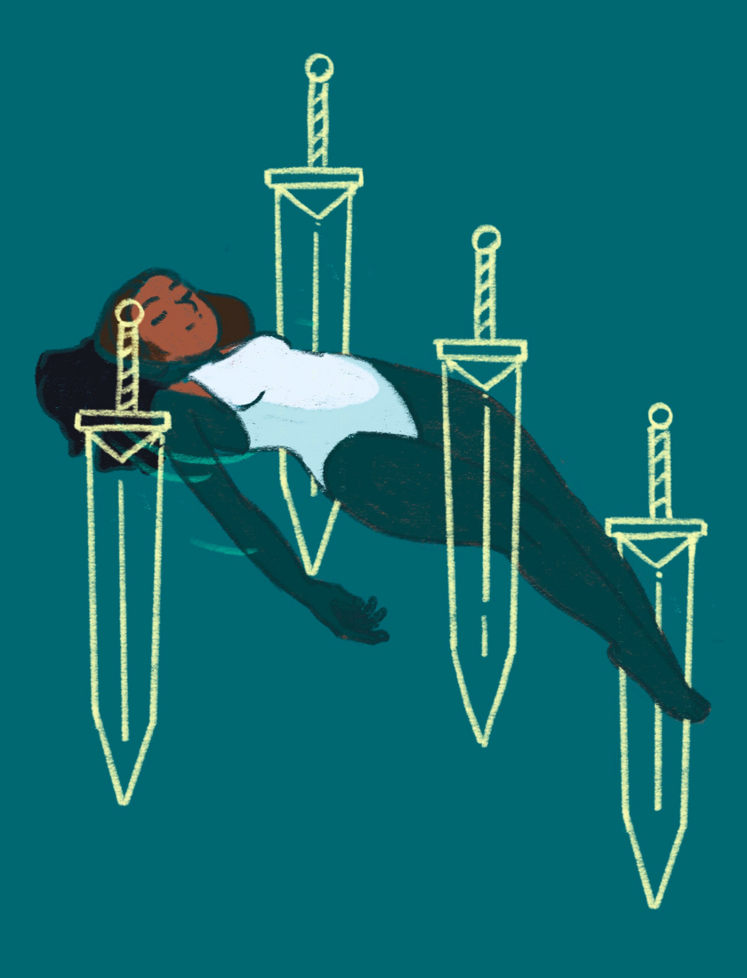 Illustration of a person floating peacefully in a poo surrounded by swordss