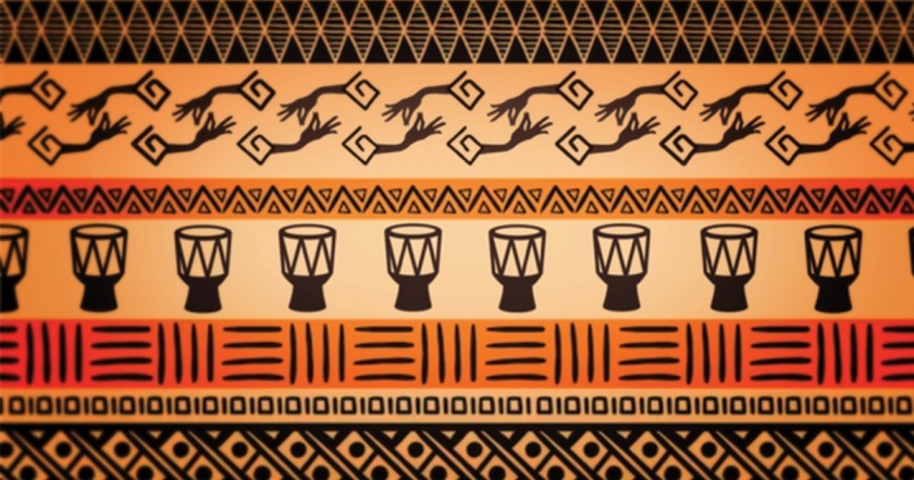 Patterns of African-inspired artwork including a mix of lineart, drums, and hands