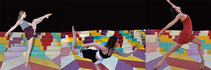 A collage of three photos of dancers stretching out their limbs as they pose in front of brightly colored steps