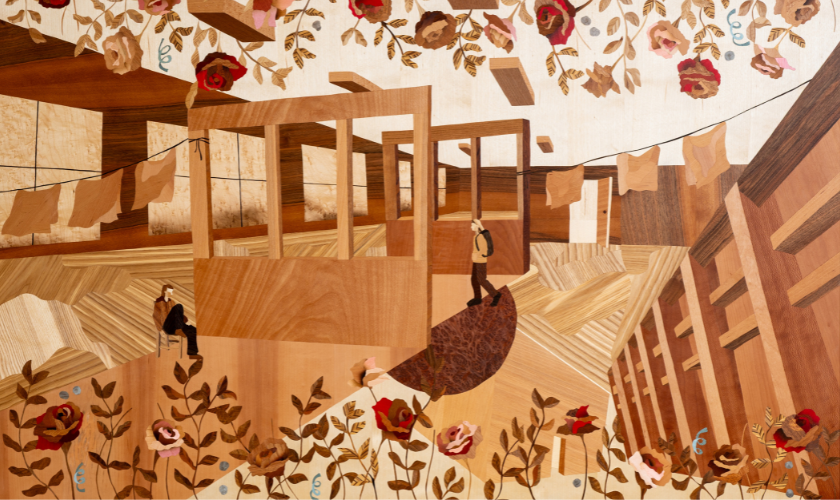 A detailed artwork shows two people in a geometric, wood-toned urban scene with large wooden structures. Vibrant flowers and hanging laundry frame the composition, blending natural and architectural elements.