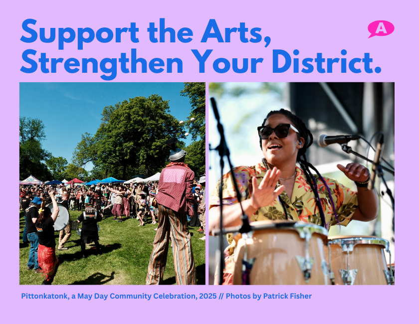 Support the Arts, Strengthen Your District. Photos of performers and musicians at an outdoor festival