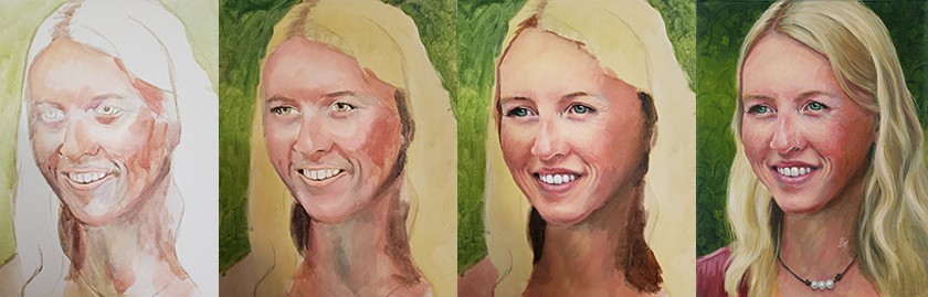 A series of four photographs showing the process of a portrait painting of a smiling white Blonde woman