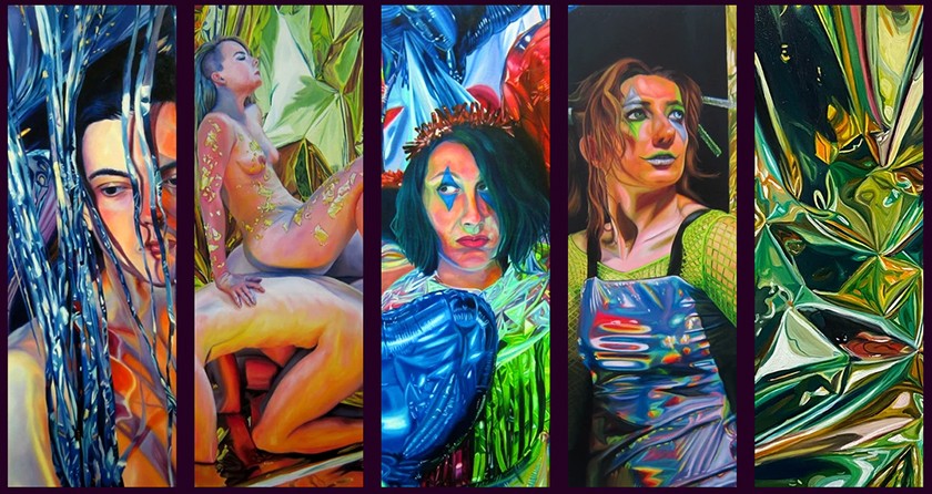 Collage showing cropped images of five colorful pieces of artwork which showcase bright reflective details