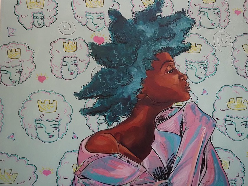 Colorful artwork of a Black woman looking to the right of the image. She has blue hair in a natural style, with a pink-and-blue shirt draped over her shoulders. Behind her is a repetitive pattern of a Black woman wearing a crown