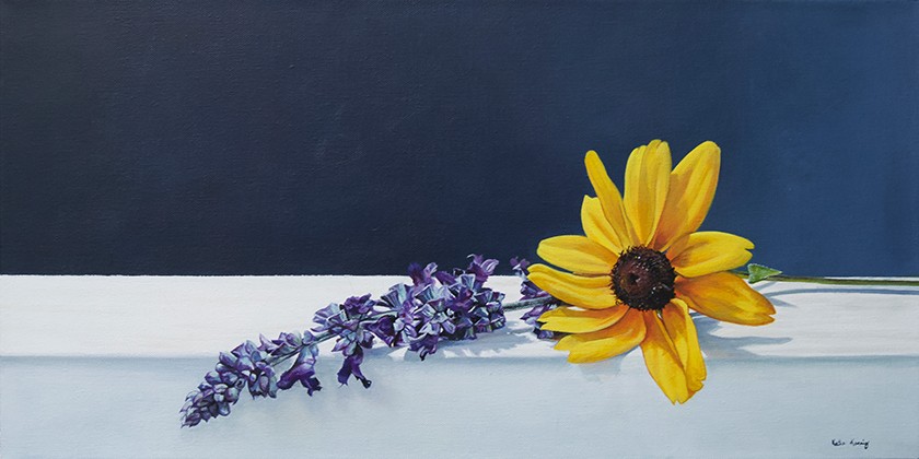 A colorful acrylic painting of blue and yellow flowers