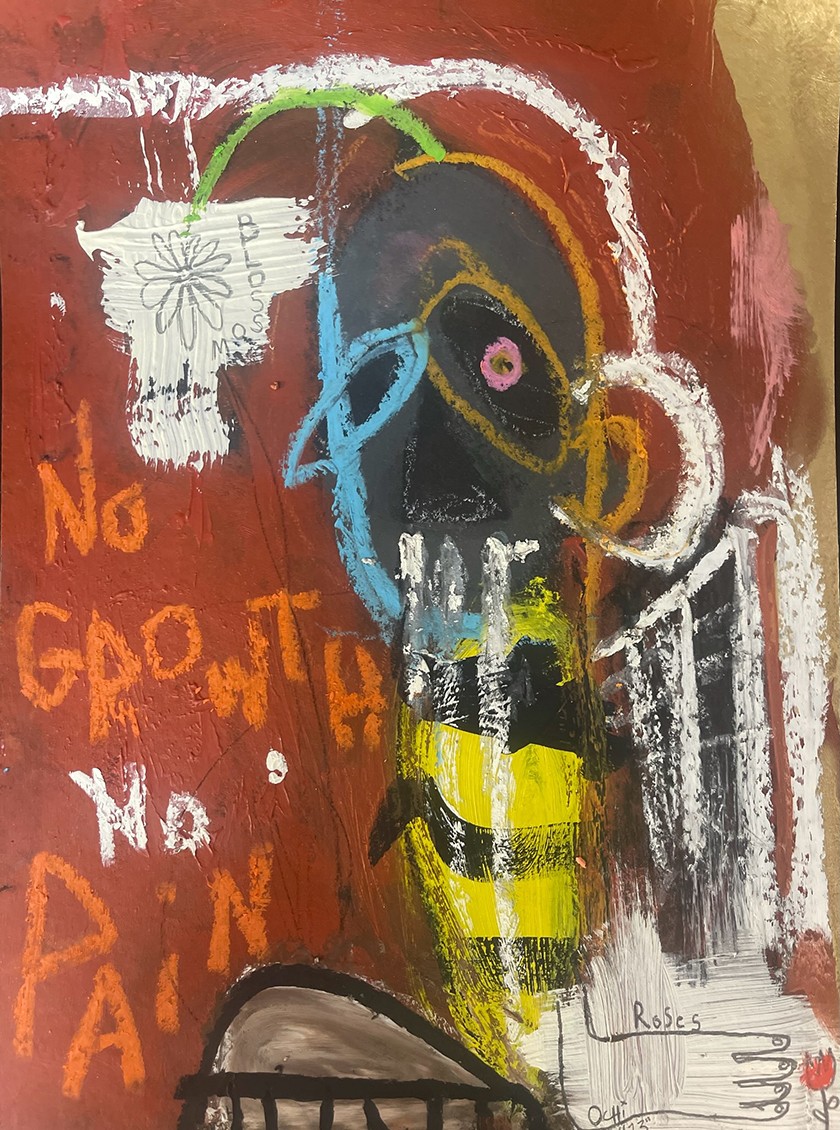 An abstract painting of a person with the text "No Growth No Pain"