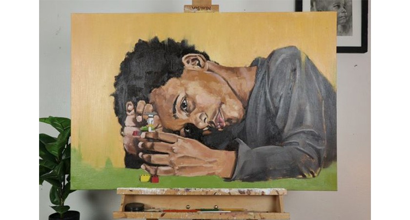 An oil painting of a Black boy with his head laying down