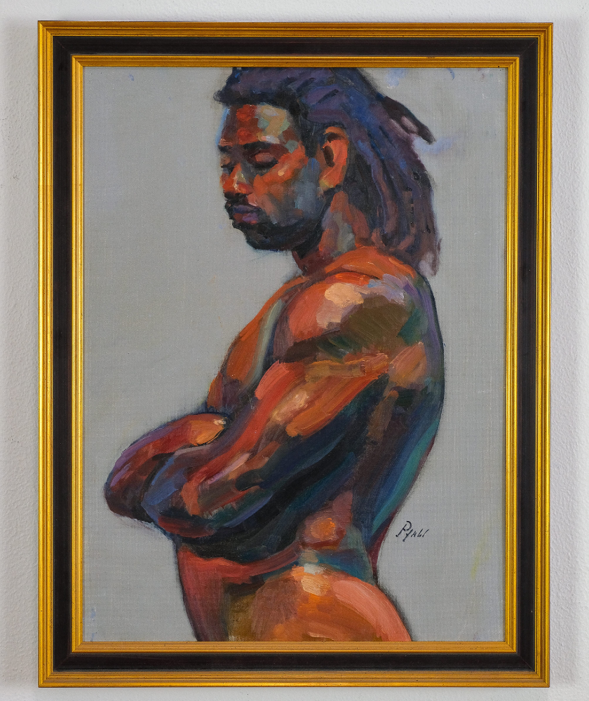 A framed painting of a muscular person with dark skin and dreadlocks, shown in profile with arms crossed. The background is neutral, emphasizing the colorful highlights and shadows on their body.
