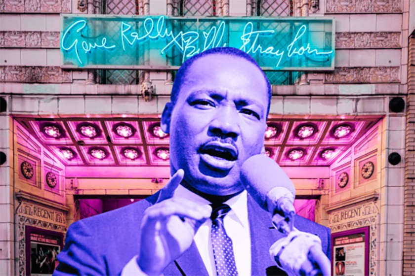 Photo illustration with a purple-toned photograph of Martin Luther King, Jr. placed in front of the front of the Kelly Strayhorn Theater