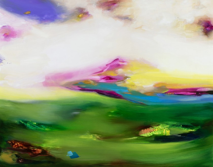 Colorful abstract landscape painting of bright greens, blues, yellows, and purples