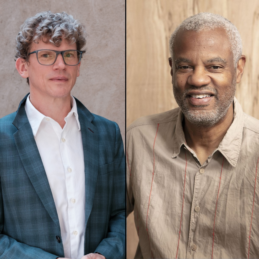 Portraits of two men, one white with glasses and short curly brown hair, one Black with short gray hair and a beard