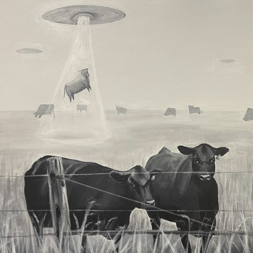 Black-and-white artwork showing cows in a field, with one cow in the background being sucked up by the beams of a UFO