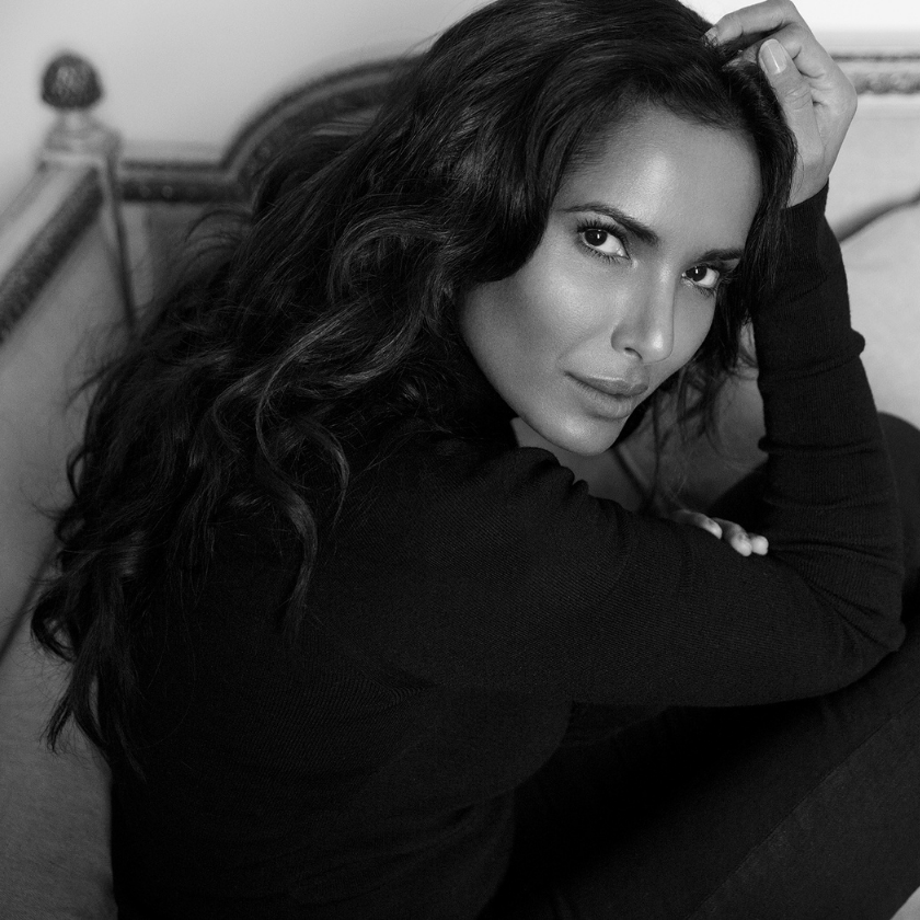 Black-and-white portrait of woman with long dark hair