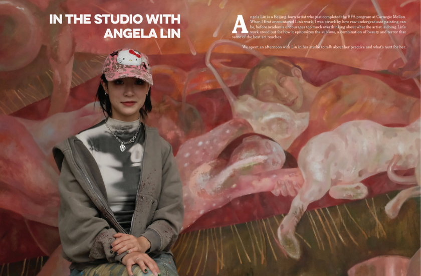 A screenshot of a print magazine page showing a person standing in front of a large, abstract painting with a headline that reads, "In the studio with Angela Lin"