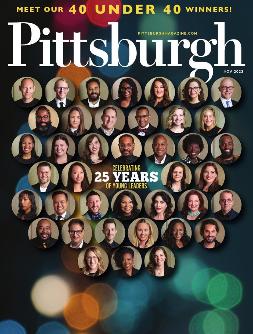 The cover image of Pittsburgh magazine's 2023 edition of its 40 Under 40 awards. 40 profile photos of young professionals are shown in circular frames with the words "Celebrating 25 years of young leaders"