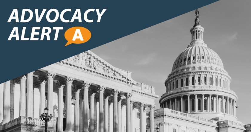 The words Advocacy Alert are shown on top of a photograph of the U.S. Capitol building