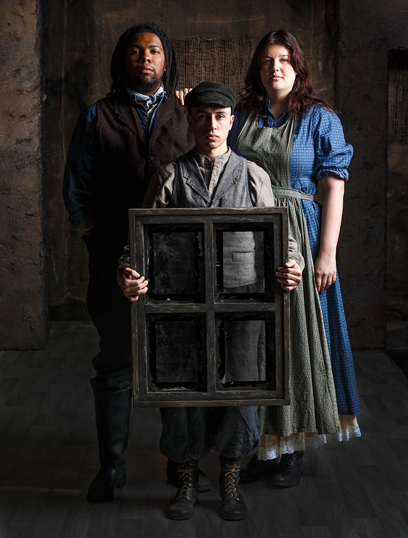 A portrait of three people dressed in old-fashioned clothing